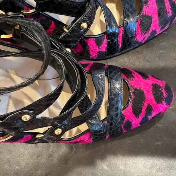Jimmy Choo SZ 6 Fuchsia & Black Calf Hair Cheetah Print Heels - Picture 7 of 9